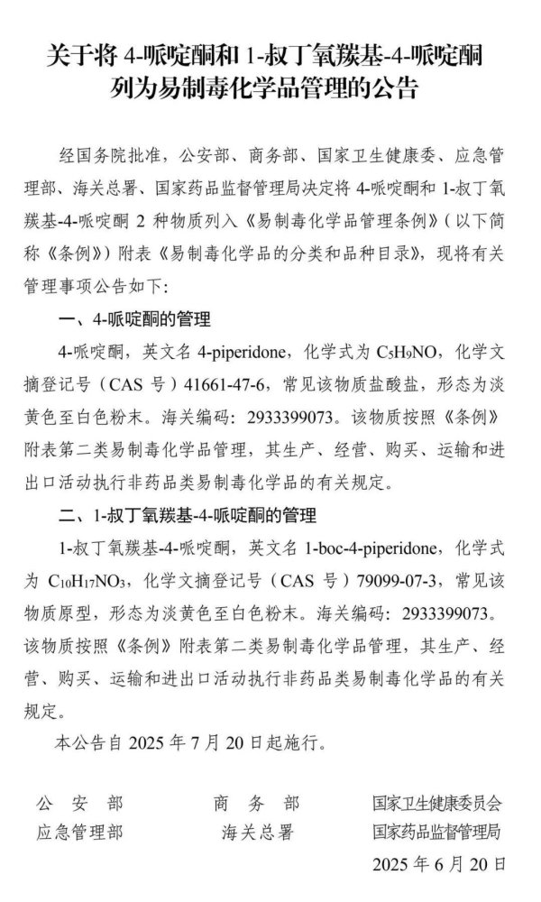 创高网 六部门联合发布《关于将4-哌啶酮和1-叔丁氧羰基-4-哌啶酮列为易制毒化学品管理的公告》